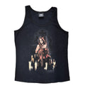 Remembrance singlet features stunning gothic artwork by renowned fantasy artist Victoria Francés. The design depicts a mysterious woman seated among glowing candles, dressed in an elegant red corset with flowing hair and dark lace gloves.
