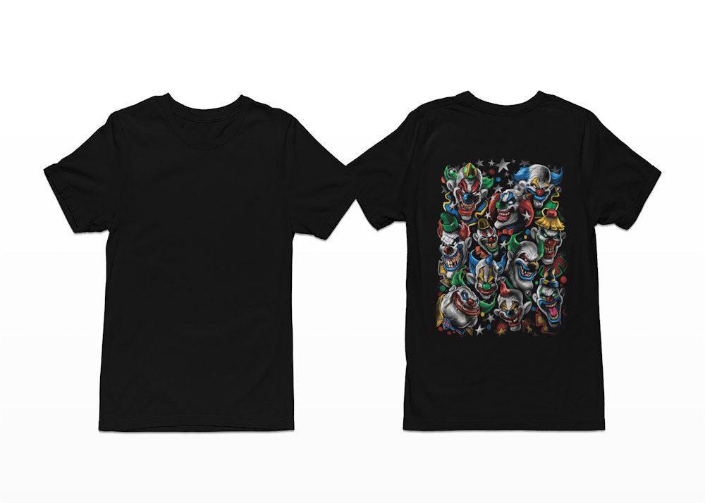 A group of evil clowns stares out from our Colourful Clowns T-Shirt - in a mix of vibrant reds, blues, yellows and greens. Shortsleeve - Back Print.