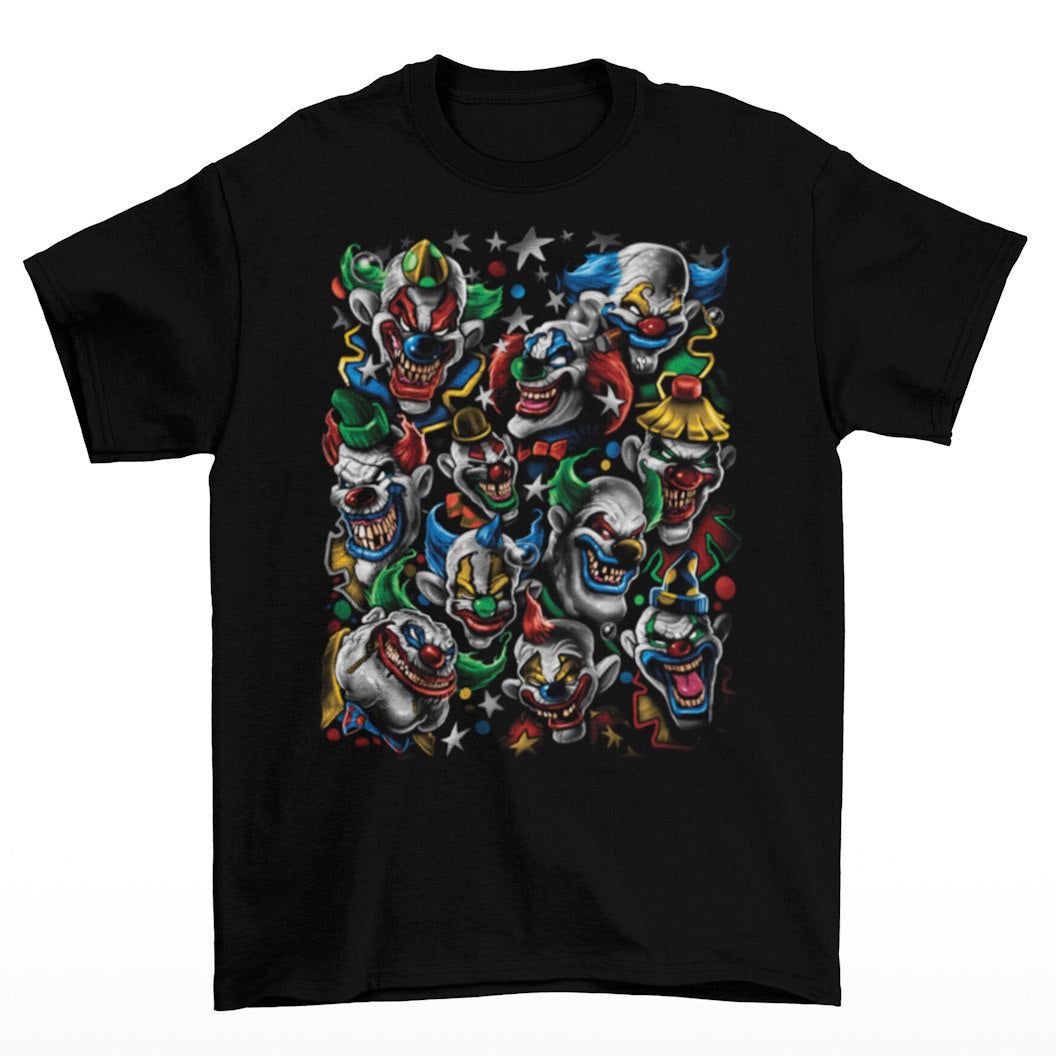 A group of evil clowns stares out from our Colourful Clowns T-Shirt - in a mix of vibrant reds, blues, yellows and greens. 