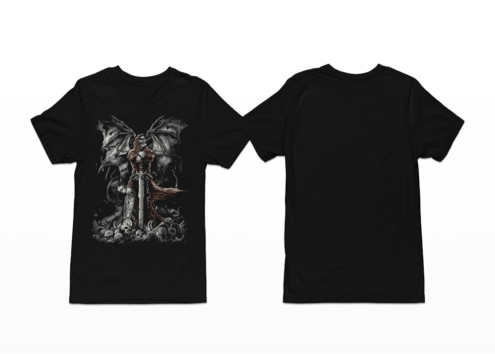 A Grim Reaper stands on a pile of skulls, leaning on a sword in this Shortsleeve Black T-Shirt - Front Print