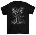 A Grim Reaper stands on a pile of skulls, leaning on a sword in this Shortsleeve Black T-Shirt
