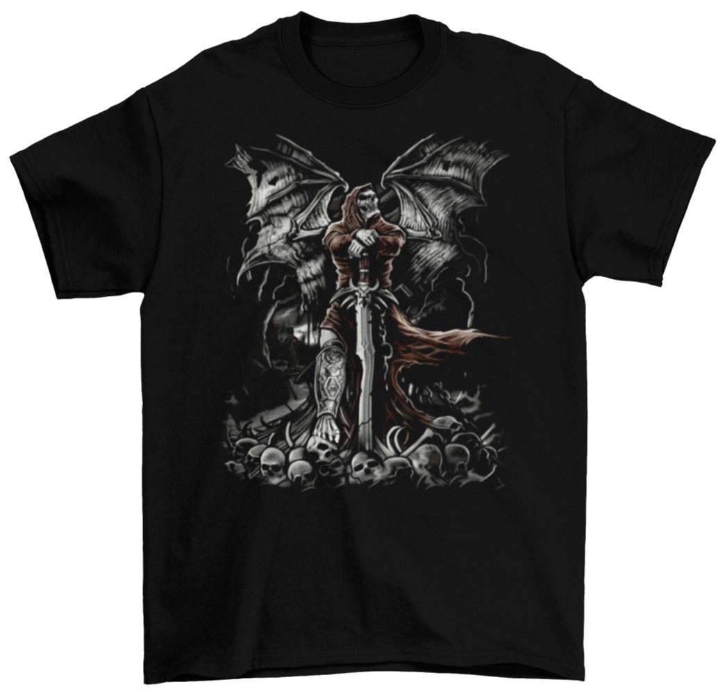 A Grim Reaper stands on a pile of skulls, leaning on a sword in this Shortsleeve Black T-Shirt