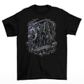 A scythe wielding Grim Reaper stares at the skull in his hand on this tee titled We Meet Again.