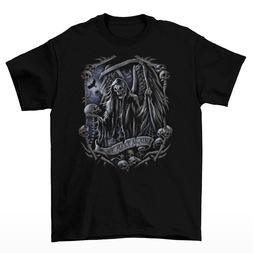 A scythe wielding Grim Reaper stares at the skull in his hand on this tee titled We Meet Again.