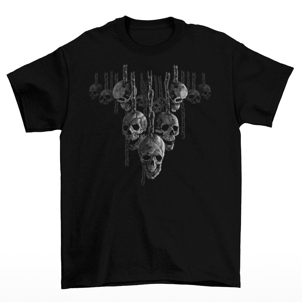 A group of menacing looking skulls hang from chains down the front of this Shortsleeve Black T-Shirt - Hanging Out Skulls T-Shirt - Front Print