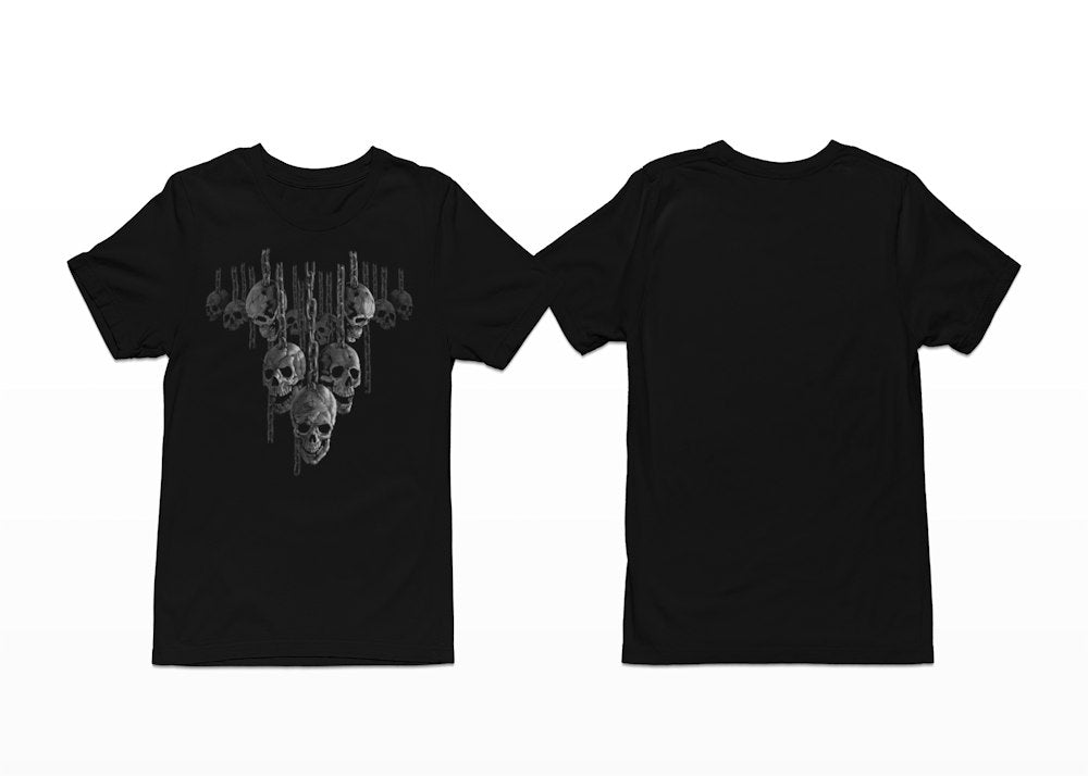 A group of menacing looking skulls hang from chains down the front of this Shortsleeve Black T-Shirt - Hanging Out Skulls T-Shirt - Front Print