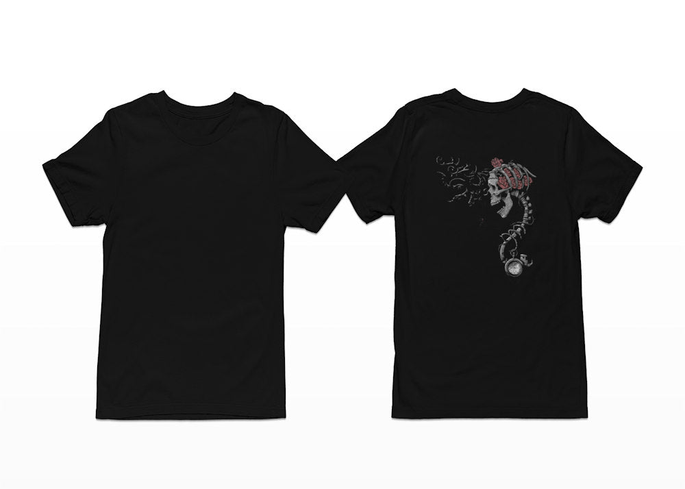 Set against a black t-shirt, the Time Keeper Skull artwork features a haunting skeletal figure emerging from the chest, its spine extending downward into a vintage pocket watch, symbolising the fragile link between life and time. Shortsleeve - Back Print.