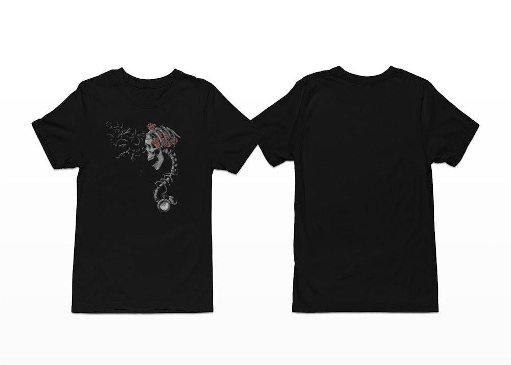 Set against a black t-shirt, the Time Keeper Skull artwork features a haunting skeletal figure emerging from the chest, its spine extending downward into a vintage pocket watch, symbolising the fragile link between life and time. Shortsleeve - Front Print.