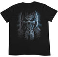 This Praying Grim Reaper T-Shirt features a dark, eerie skull figure in a hood, with glowing eyes and skeletal hands clasped in prayer. Blue mist surrounds the figure, giving it a ghostly, ominous look.