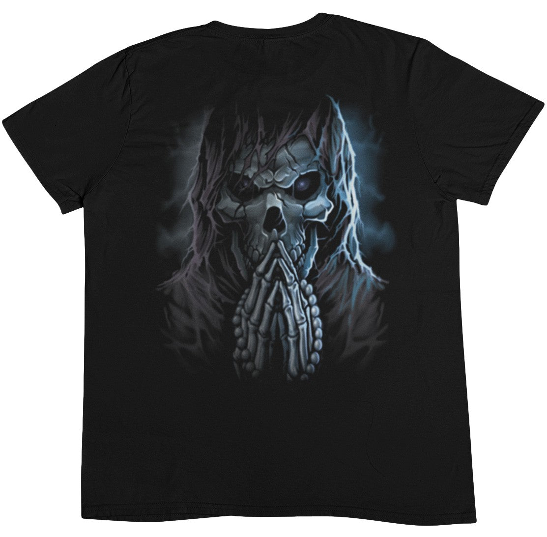 This Praying Grim Reaper T-Shirt features a dark, eerie skull figure in a hood, with glowing eyes and skeletal hands clasped in prayer. Blue mist surrounds the figure, giving it a ghostly, ominous look.