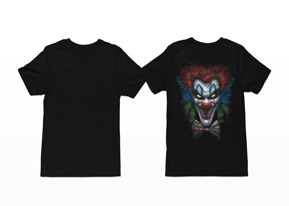 This t-shirt has a fierce clown with red hair and glowing yellow eyes staring out from it - Psycho Clown Shortsleeve T-Shirt - Back Print