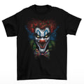This t-shirt has a fierce clown with red hair and glowing yellow eyes staring out from it - Psycho Clown Shortsleeve T-Shirt - Front Print