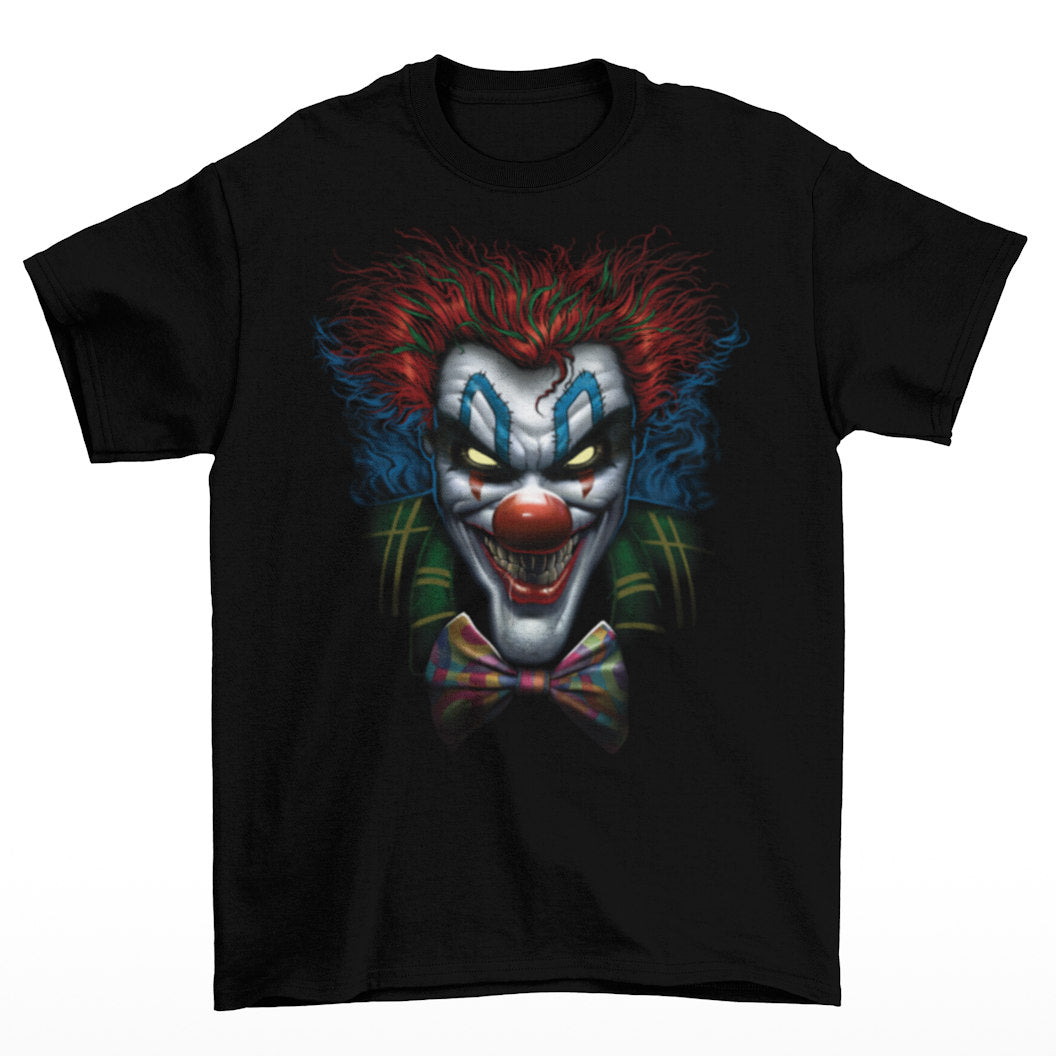 This t-shirt has a fierce clown with red hair and glowing yellow eyes staring out from it - Psycho Clown Shortsleeve T-Shirt - Front Print