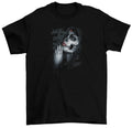 A girl with hands in the praying position is shown while wearing Day of the Dead Sugar Skull makeup on this Shortsleeve Black T-Shirt