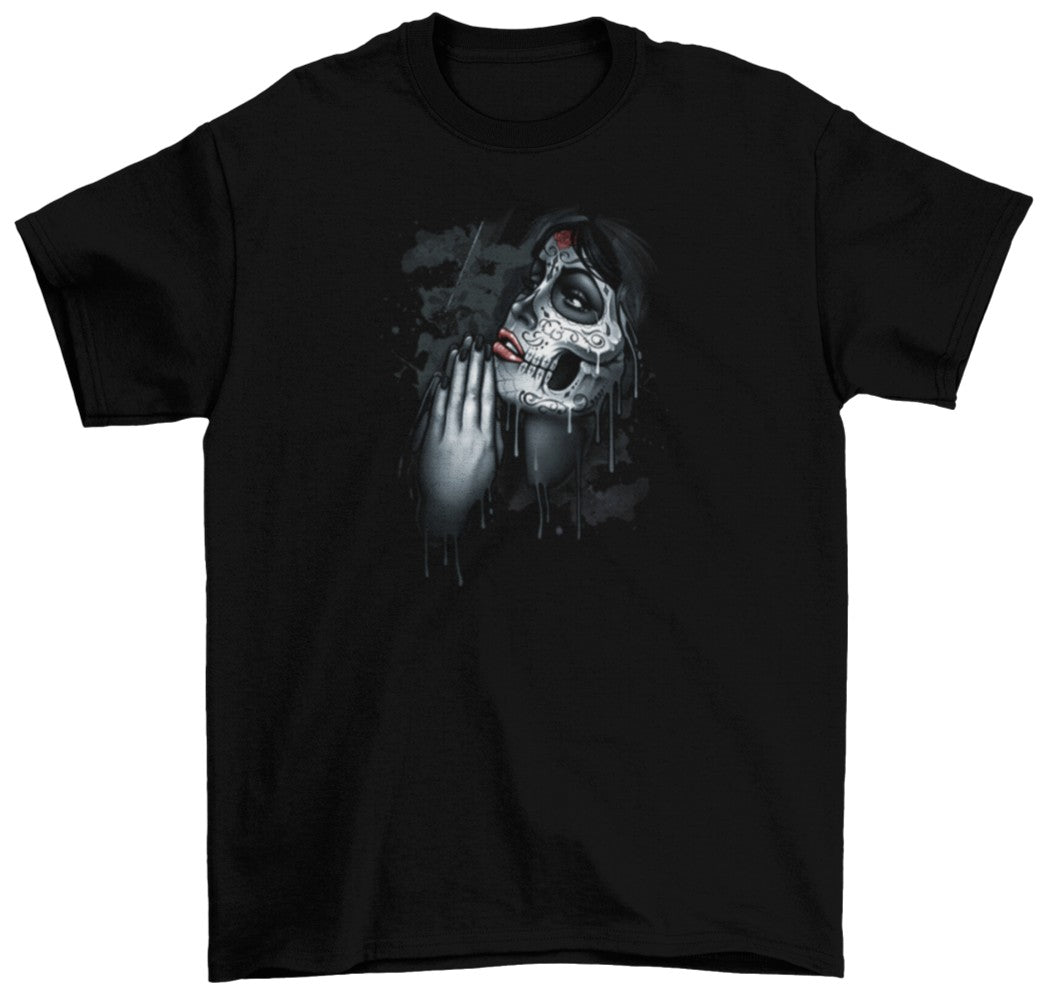 A girl with hands in the praying position is shown while wearing Day of the Dead Sugar Skull makeup on this Shortsleeve Black T-Shirt
