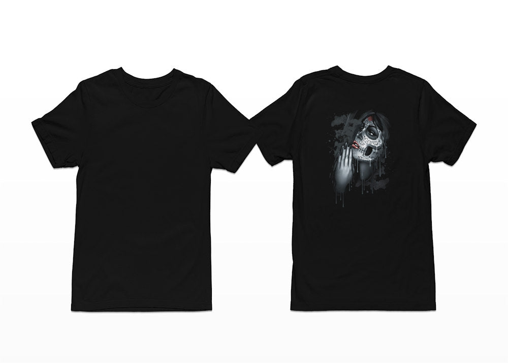 A girl with hands in the praying position is shown while wearing Day of the Dead Sugar Skull makeup on this Shortsleeve Black T-Shirt - Back Print