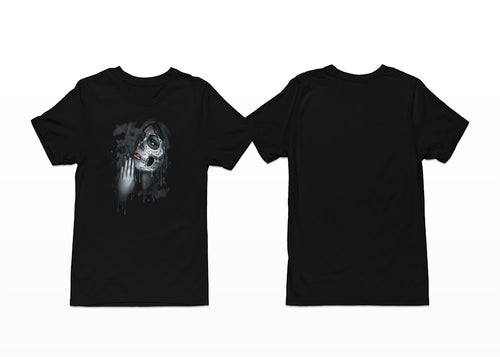 A girl with hands in the praying position is shown while wearing Day of the Dead Sugar Skull makeup on this Shortsleeve Black T-Shirt - Front Print