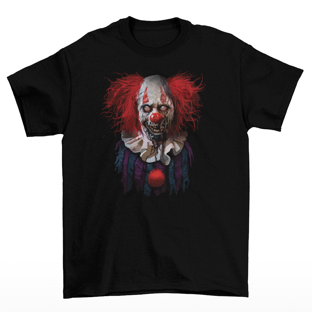 Dead eyes stare out from this tee, which is titled Zombie Clown T-Shirt, with a red-haired zombie clown almost grinning at you in the design.