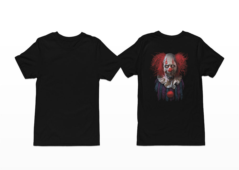 Dead eyes stare out from this tee, which is titled Zombie Clown T-Shirt, with a red-haired zombie clown almost grinning at you in the design. Shortsleeve - Back Print.