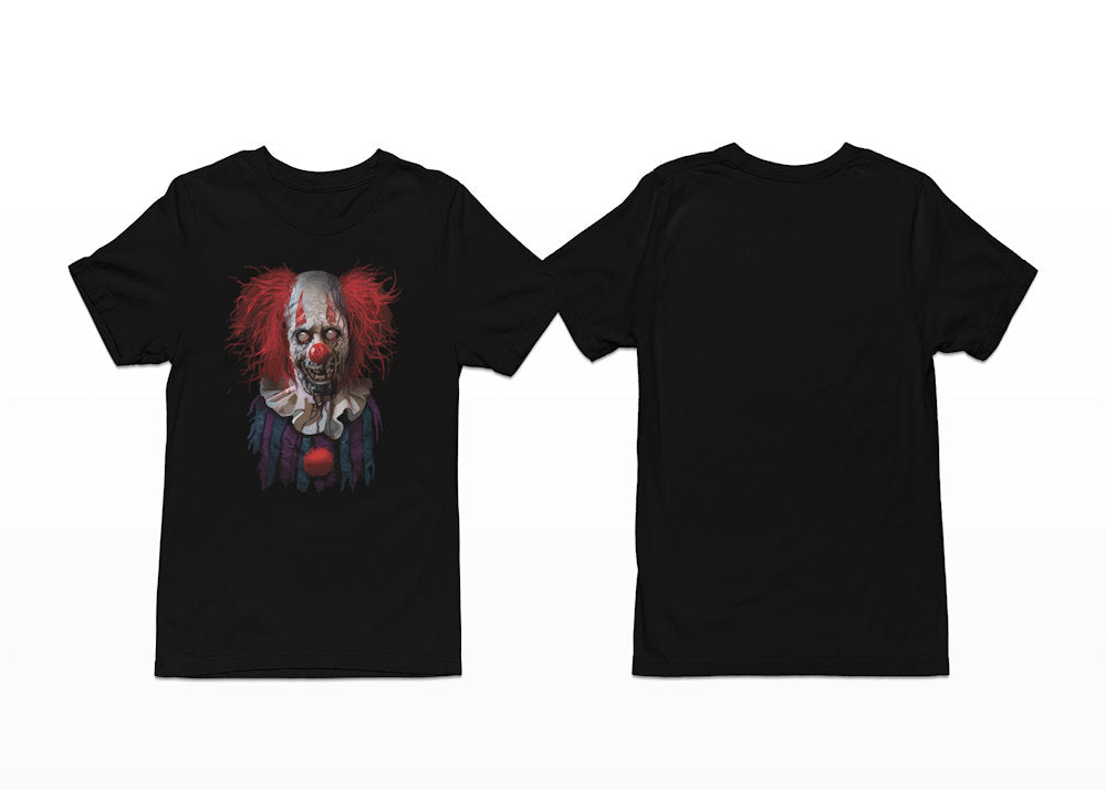 Dead eyes stare out from this tee, which is titled Zombie Clown T-Shirt, with a red-haired zombie clown almost grinning at you in the design. Shortsleeve - Front Print.