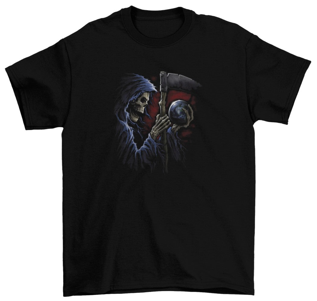 A scythe wielding Grim Reaper holds a crystal sphere on this Shortsleeve Black Tee - Grim Reaper Sphere T-Shirt