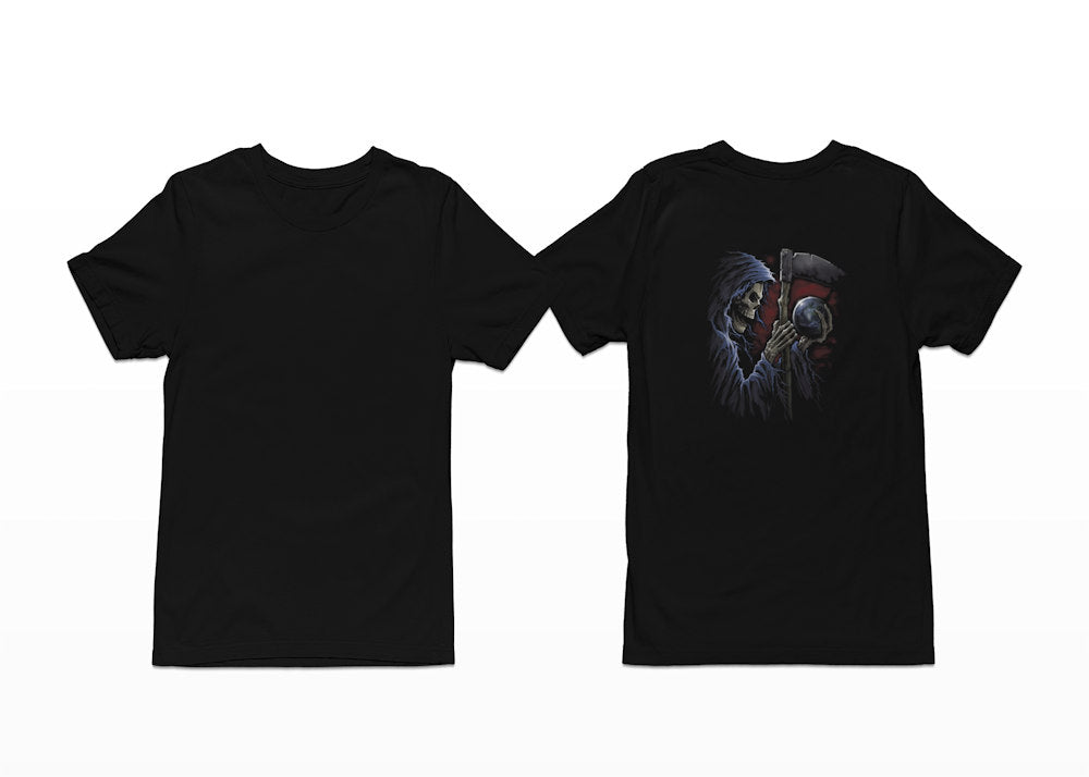A scythe wielding Grim Reaper holds a crystal sphere on this Shortsleeve Black Tee - Grim Reaper Sphere T-Shirt - Back Print