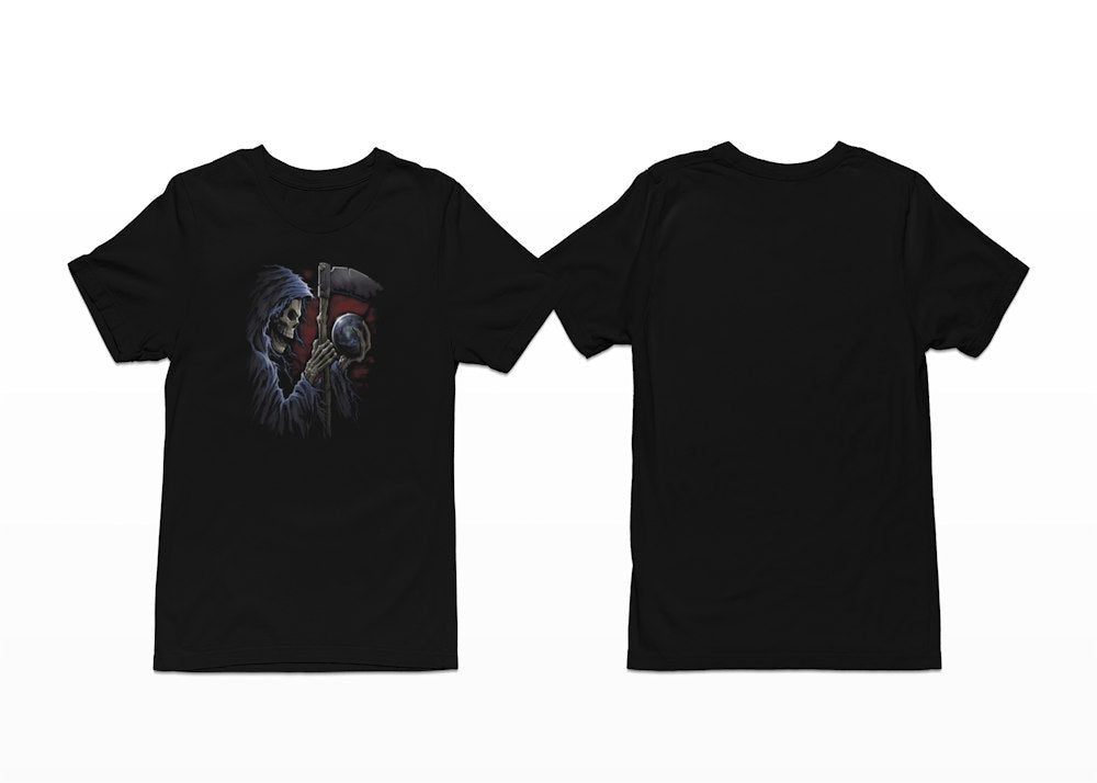 A scythe wielding Grim Reaper holds a crystal sphere on this Shortsleeve Black Tee - Grim Reaper Sphere T-Shirt - Front Print