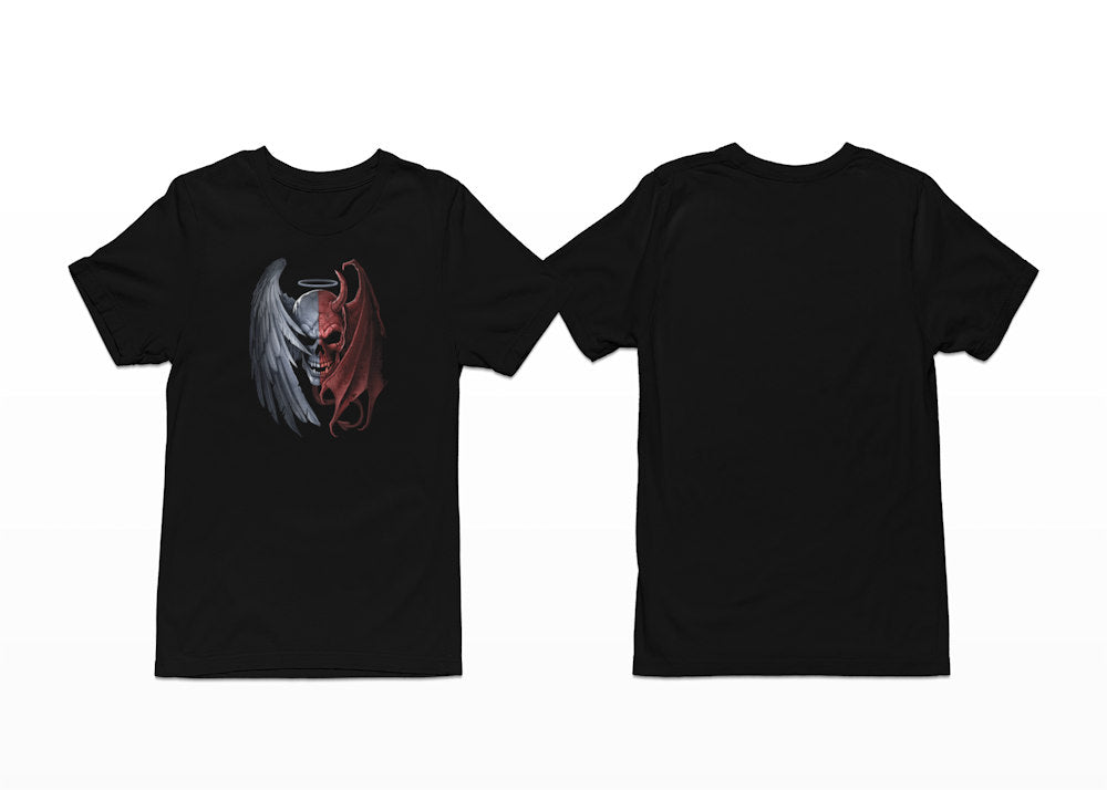 A Winged Skull with both a Devil horn and Angel's halo is on the front of this Shortsleeve Black T-Shirt - Heaven & Hell Skulls T-Shirt - Front Print