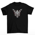 A Gothic cross sits in the centre with a lock over it and silver-grey roses surround - Heart Lock (Cross & Roses) T-Shirt