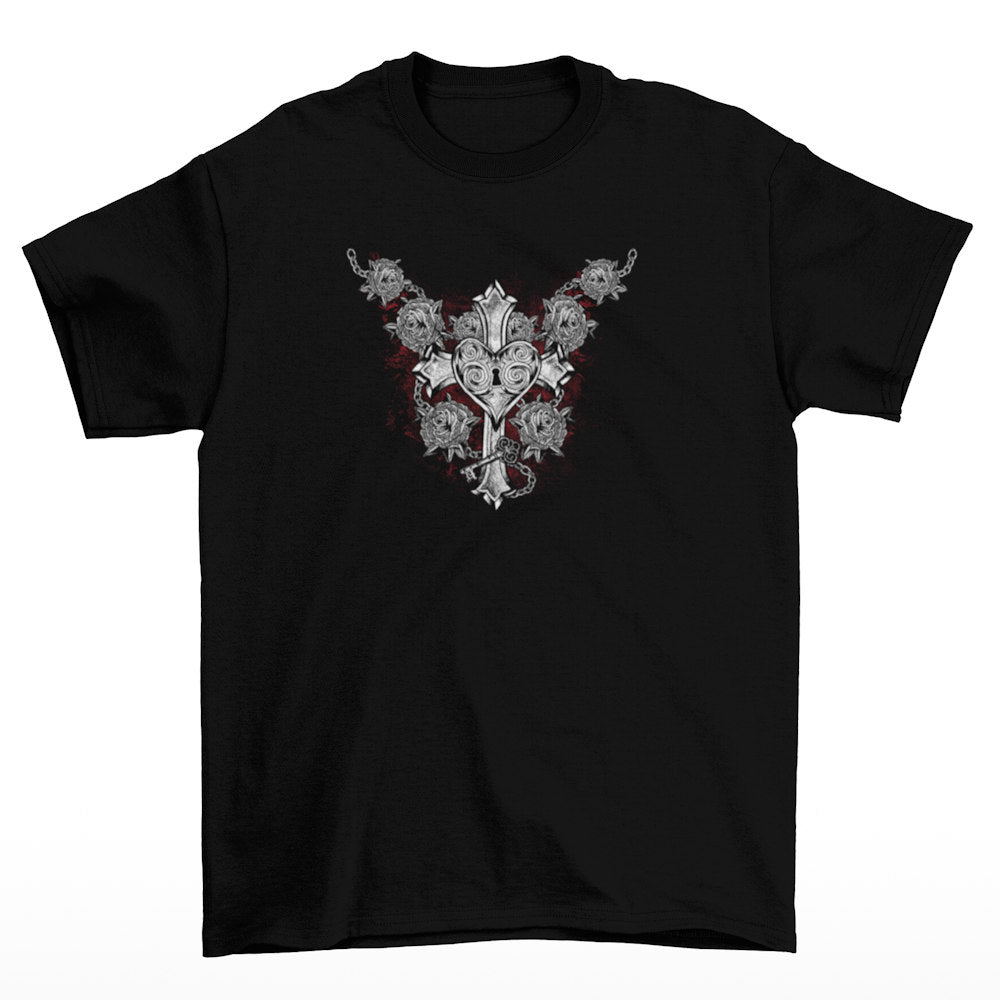 A Gothic cross sits in the centre with a lock over it and silver-grey roses surround - Heart Lock (Cross & Roses) T-Shirt