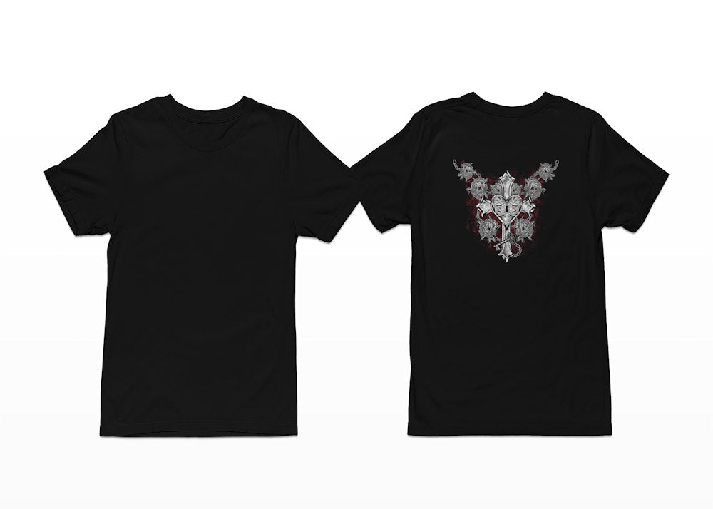 A Gothic cross sits in the centre with a lock over it and silver-grey roses surround - Heart Lock (Cross & Roses) Shortsleeve T-Shirt - Back Print