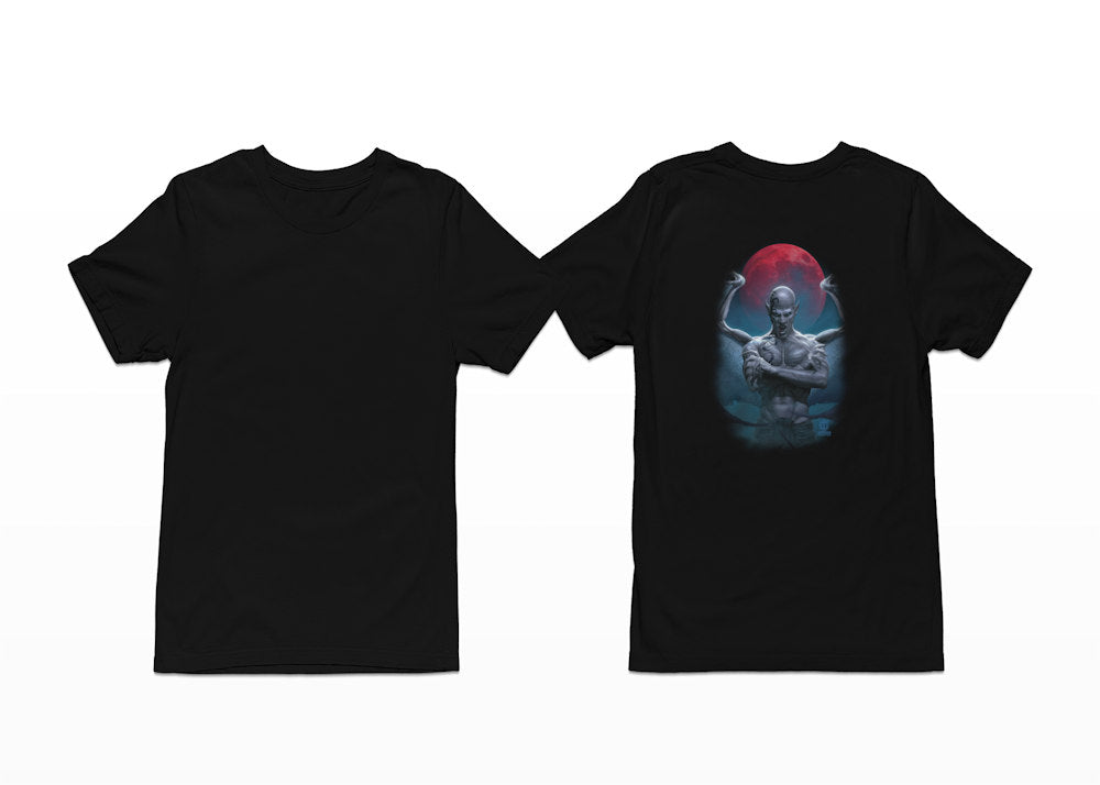 A winged Vampire rises in front of a blood red moon on this t-shirt titled Blood Moon Vampire T-Shirt - Shortsleeve Black - Back Print