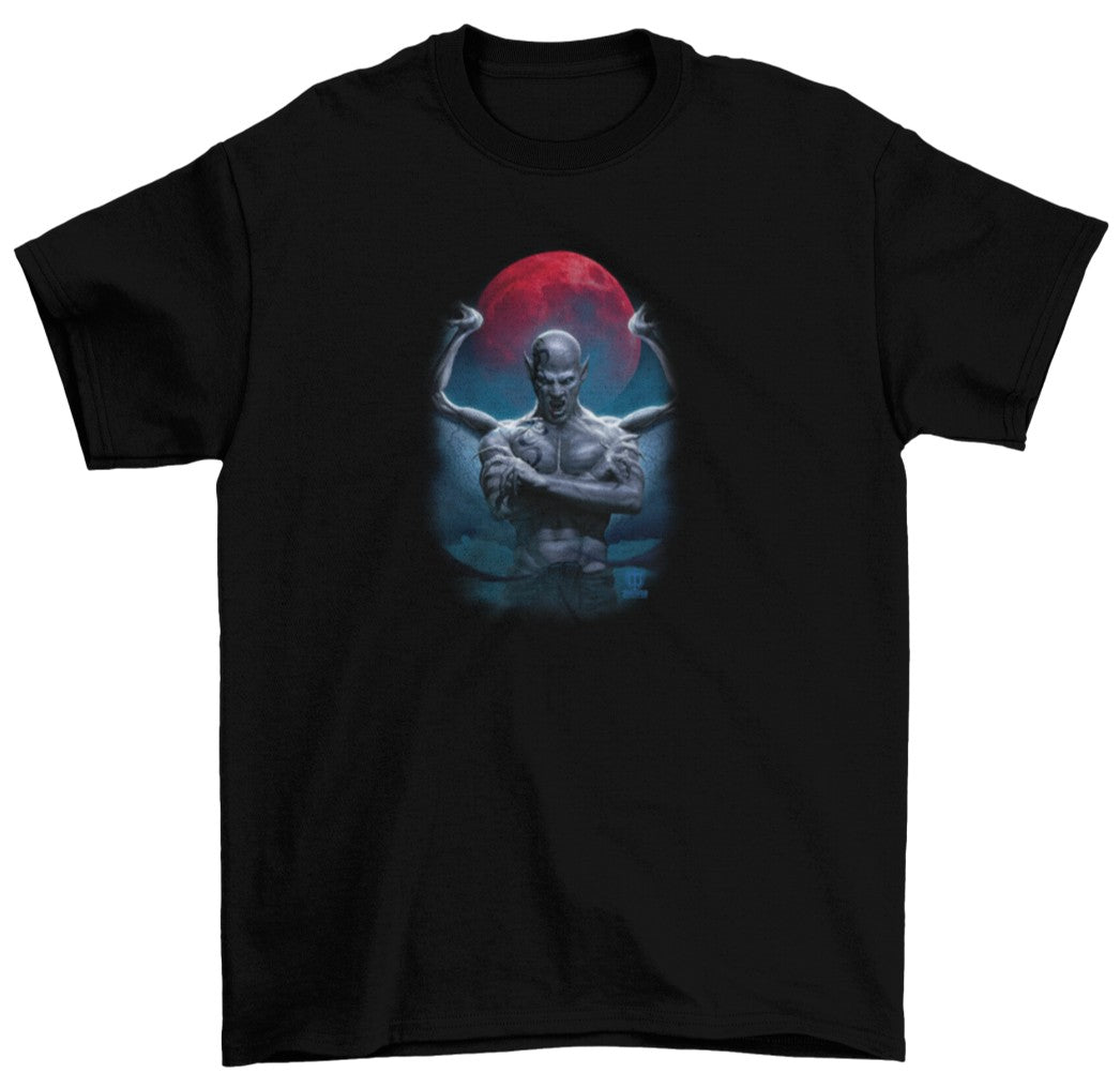 A winged Vampire rises in front of a blood red moon on this t-shirt titled Blood Moon Vampire T-Shirt - Shortsleeve Black