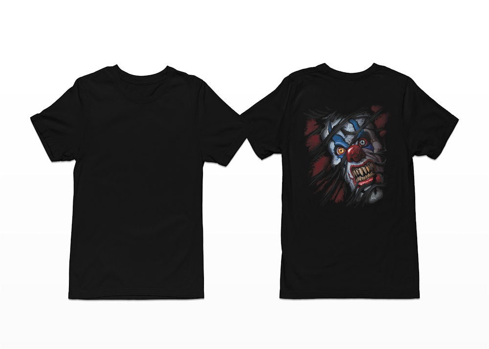 Scary clown appearing to rip through the fabric of your t-shirt - Breakthrough Clown T-Shirt - Shortsleeve with Back Print
