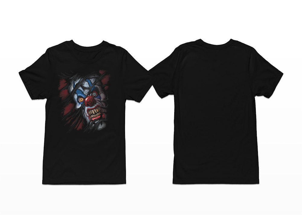 Scary clown appearing to rip through the fabric of your t-shirt - Breakthrough Clown T-Shirt - Shortsleeve with Front Print