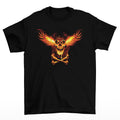 Our Skull Fire Wings design is a blazing skull with fiery wings spreads across the chest, glowing in intense orange and red flames. Beneath it, crossed bones burn with the same heat, creating a bold, infernal look.