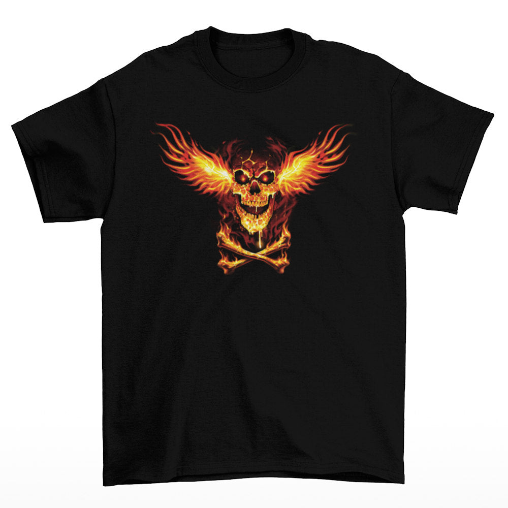 Our Skull Fire Wings design is a blazing skull with fiery wings spreads across the chest, glowing in intense orange and red flames. Beneath it, crossed bones burn with the same heat, creating a bold, infernal look.