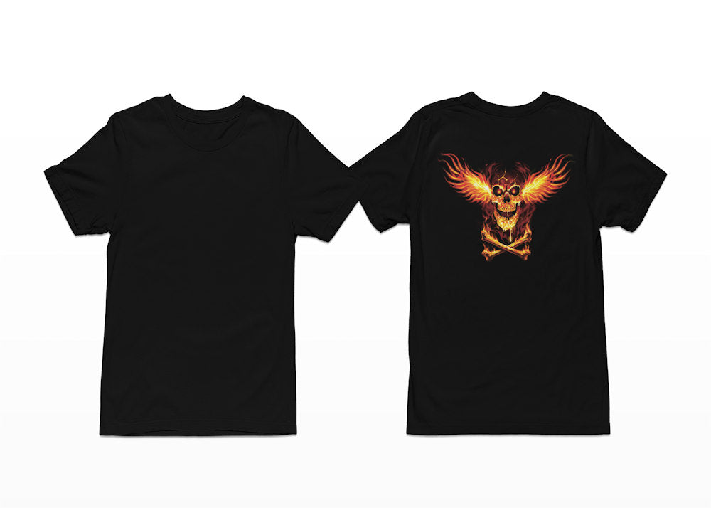 Our Skull Fire Wings design is a blazing skull with fiery wings spreads across the chest, glowing in intense orange and red flames. Beneath it, crossed bones burn with the same heat, creating a bold, infernal look. Shortsleeve T-Shirt with Back Print.