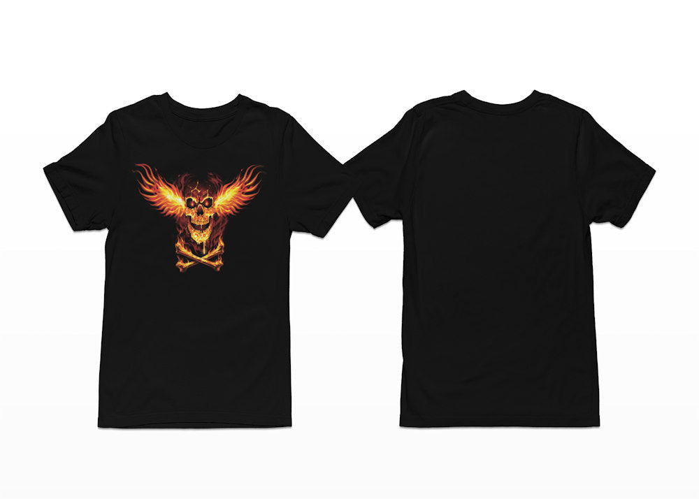 Our Skull Fire Wings design is a blazing skull with fiery wings spreads across the chest, glowing in intense orange and red flames. Beneath it, crossed bones burn with the same heat, creating a bold, infernal look. Shortsleeve T-Shirt with Front Print.