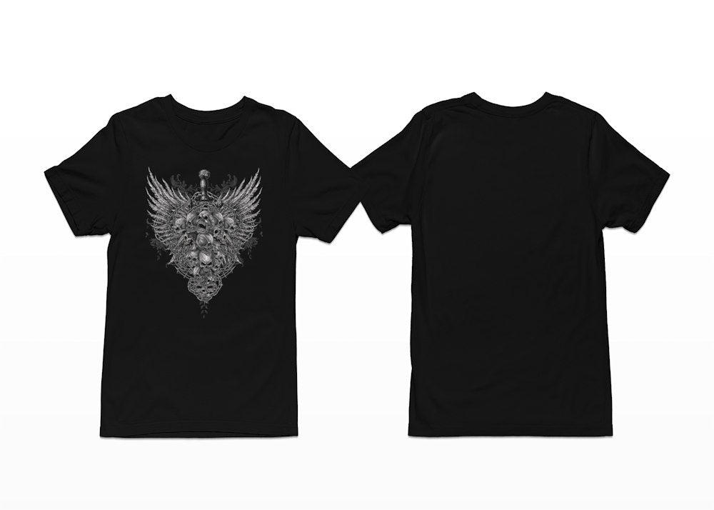 A sword pieces through angry skulls with a winged background in this design - Sword Skull Wings T-Shirt - Shortsleeve with Front Print