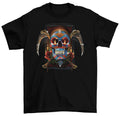 A Sugar Skull for Day of the Dead sneers with fire in it's eyes and crossed scythes behind it on this Shortsleeve T-Shirt - Sugar Skull Day of the Dead T-Shirt