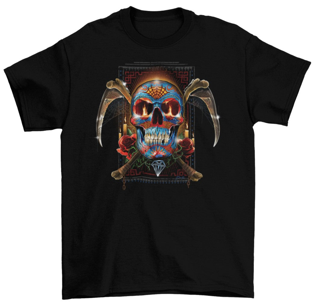 A Sugar Skull for Day of the Dead sneers with fire in it's eyes and crossed scythes behind it on this Shortsleeve T-Shirt - Sugar Skull Day of the Dead T-Shirt