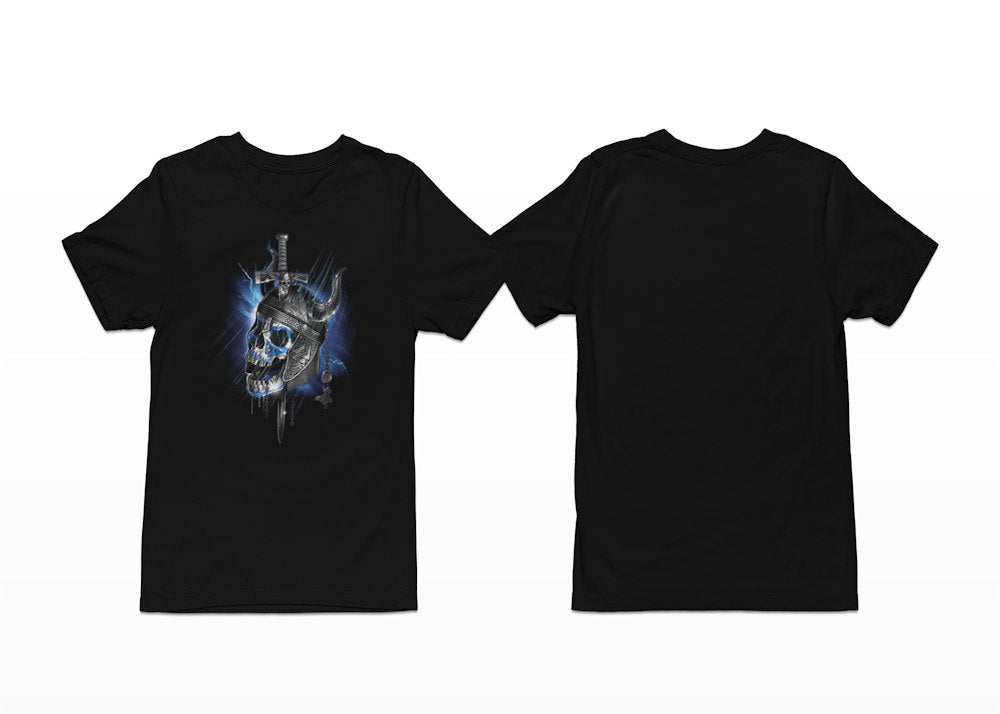 Black t-shirt with a skull and sword design - Viking Northman Skull Shortsleeve with Front Print