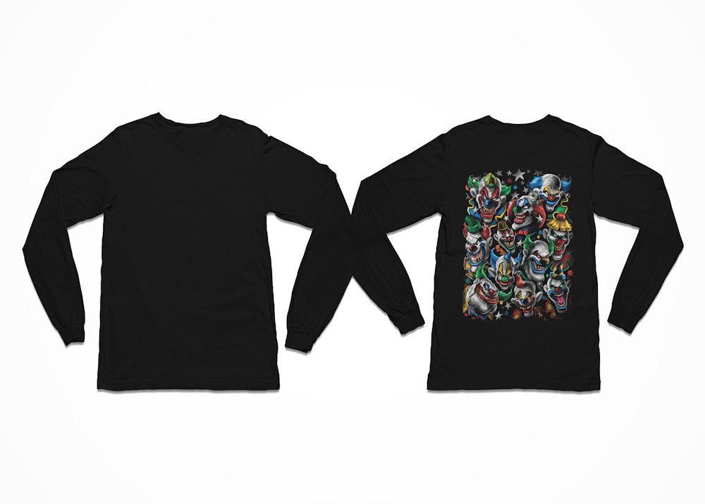 A group of evil clowns stares out from our Colourful Clowns T-Shirt - in a mix of vibrant reds, blues, yellows and greens. Longsleeve - Back Print.
