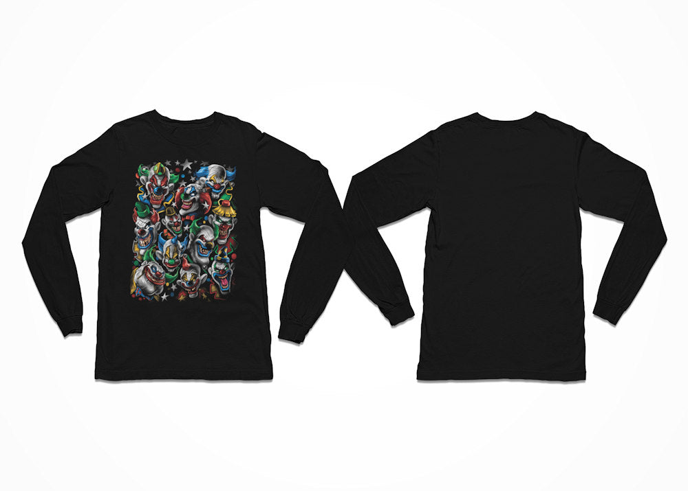 A group of evil clowns stares out from our Colourful Clowns T-Shirt - in a mix of vibrant reds, blues, yellows and greens. Longsleeve - Front Print.