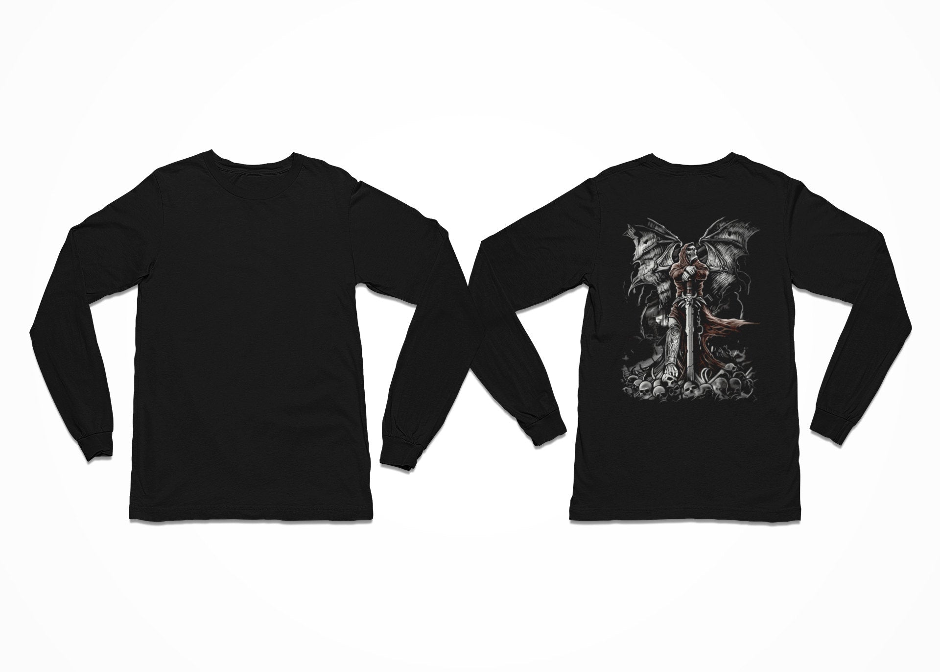A Grim Reaper stands on a pile of skulls, leaning on a sword in this Longsleeve Black T-Shirt - Back Print