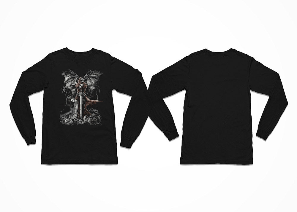 A Grim Reaper stands on a pile of skulls, leaning on a sword in this Longsleeve Black T-Shirt - Front Print