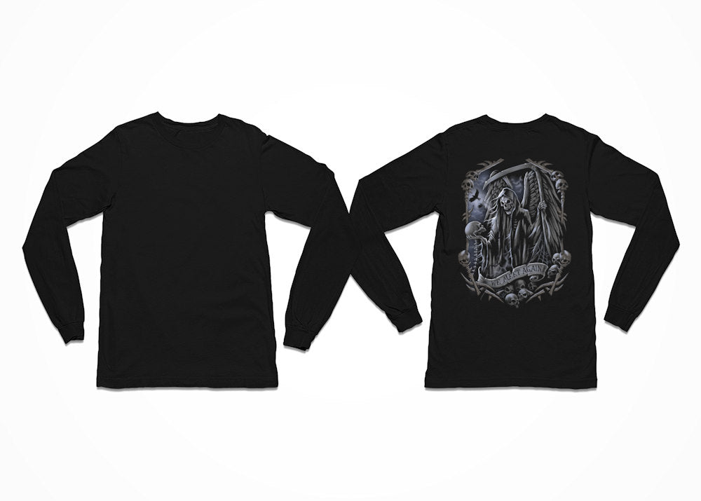 A scythe wielding Grim Reaper stares at the skull in his hand on this tee titled We Meet Again - Longsleeve Black - Back Print