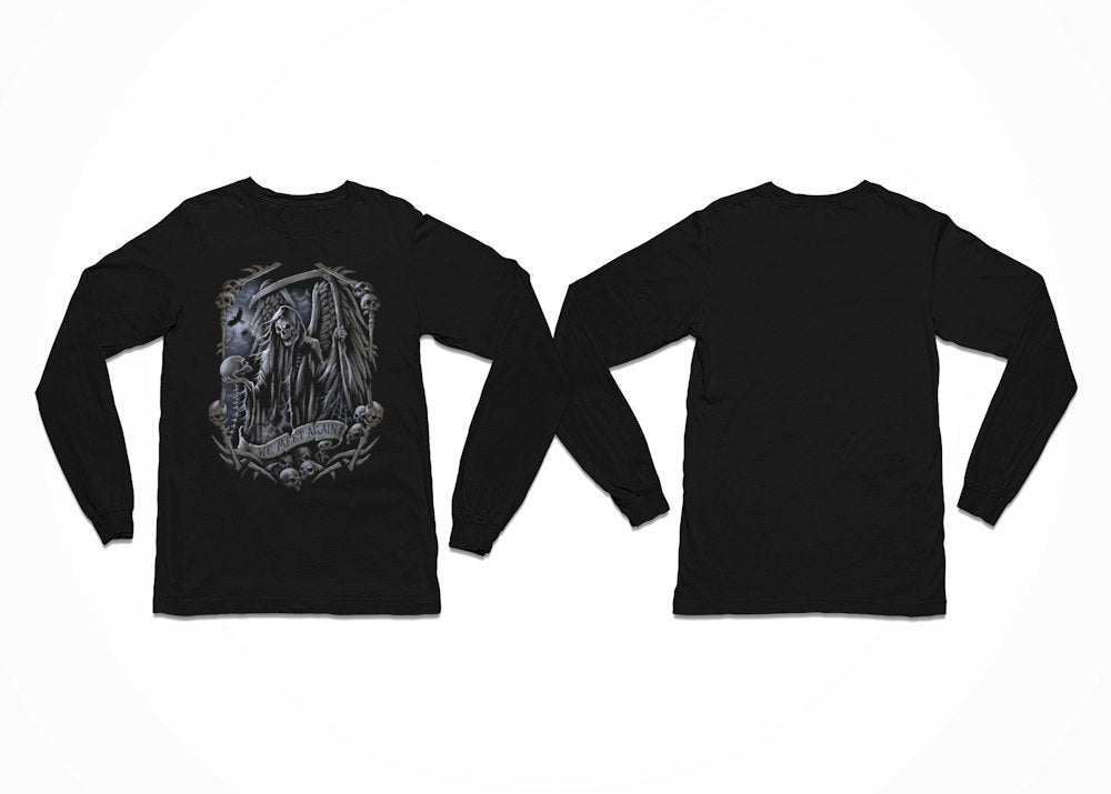 A scythe wielding Grim Reaper stares at the skull in his hand on this tee titled We Meet Again - Longsleeve Black - Front Print