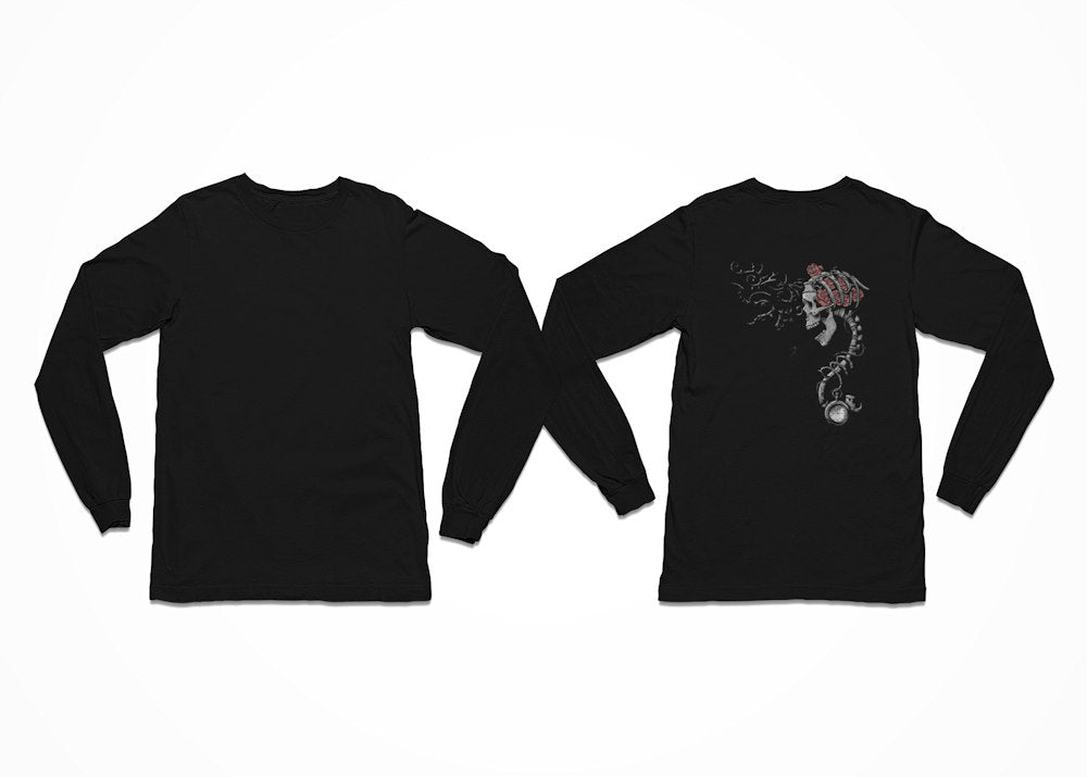 Set against a black t-shirt, the Time Keeper Skull artwork features a haunting skeletal figure emerging from the chest, its spine extending downward into a vintage pocket watch, symbolising the fragile link between life and time. Longsleeve T-Shirt - Back Print.